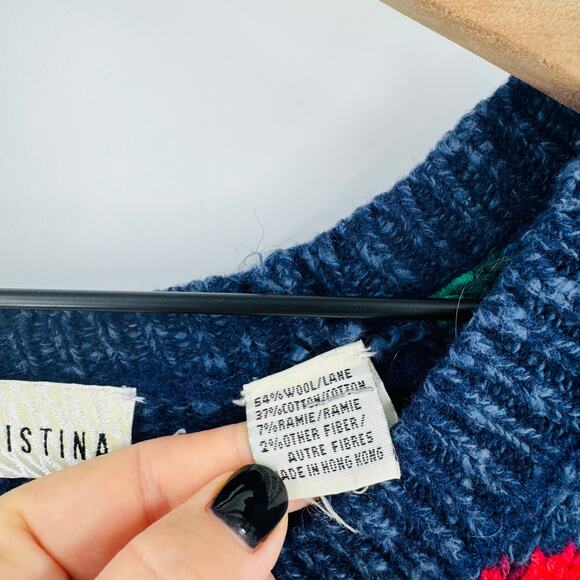 Marisa Christina Vintage Navy Red Green Bow Knit Cardigan Sweater Holiday Medium - Picture 4 of 6